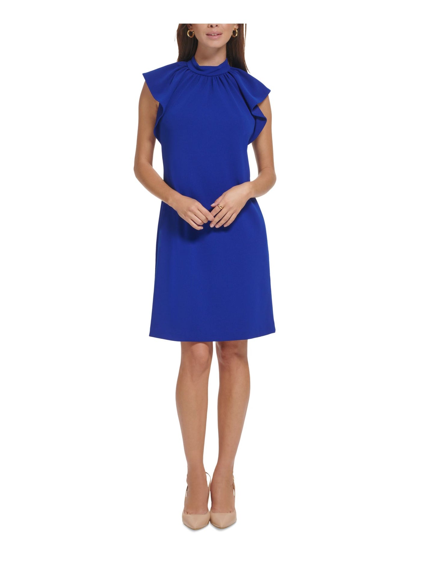 CALVIN KLEIN Womens Blue Zippered Unlined Gathered Flutter Sleeve Mock Neck Knee Length Wear To Work Shift Dress 10