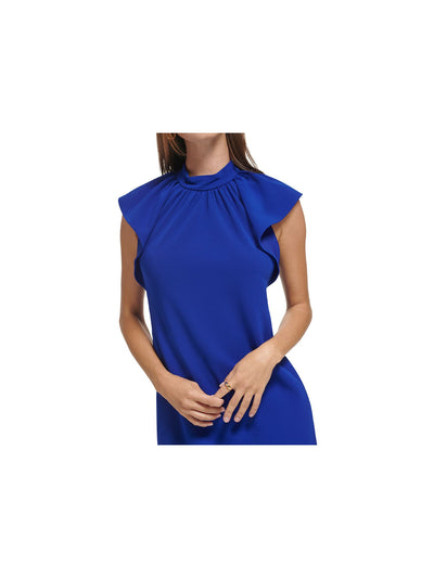 CALVIN KLEIN Womens Blue Zippered Unlined Gathered Flutter Sleeve Mock Neck Knee Length Wear To Work Shift Dress 4
