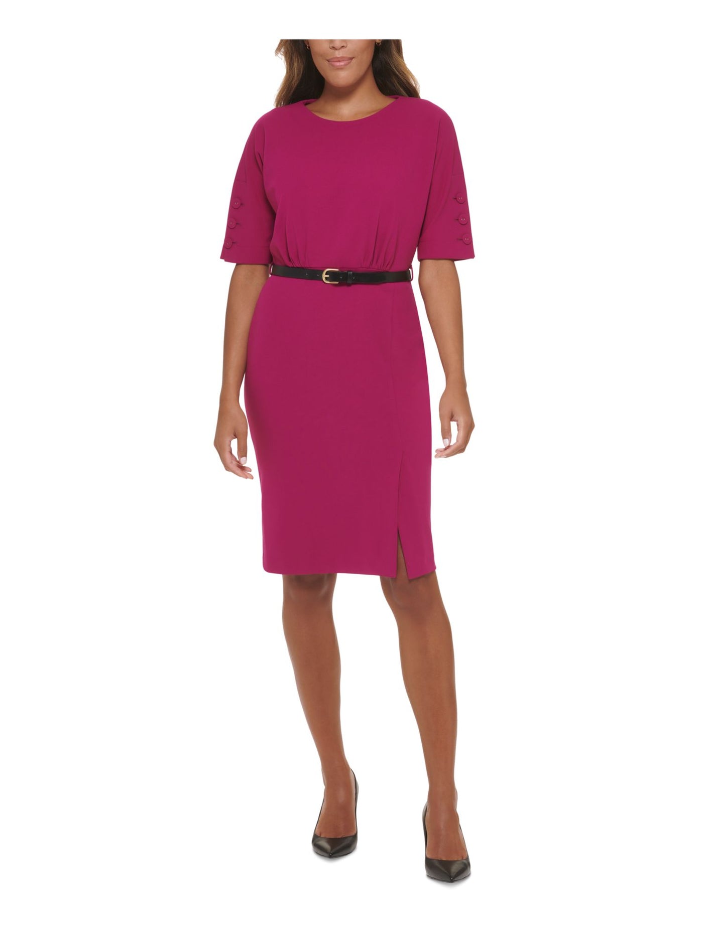 CALVIN KLEIN Womens Purple Zippered Belted Button Elbow Sleeves Slit Hem Round Neck Knee Length Wear To Work Sheath Dress Petites 6P