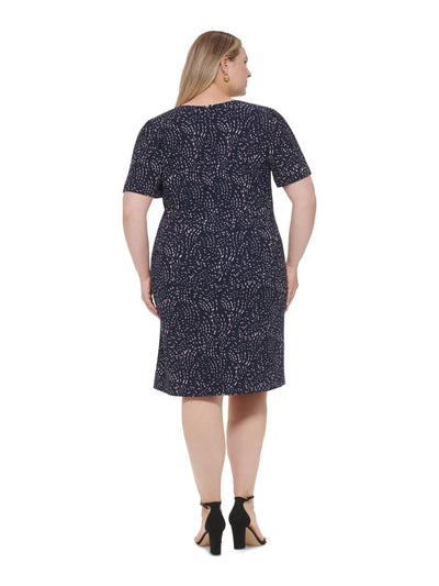 DKNY Womens Navy Ruched Zippered Lined Printed Short Sleeve Surplice Neckline Knee Length Wear To Work Faux Wrap Dress Plus 20W