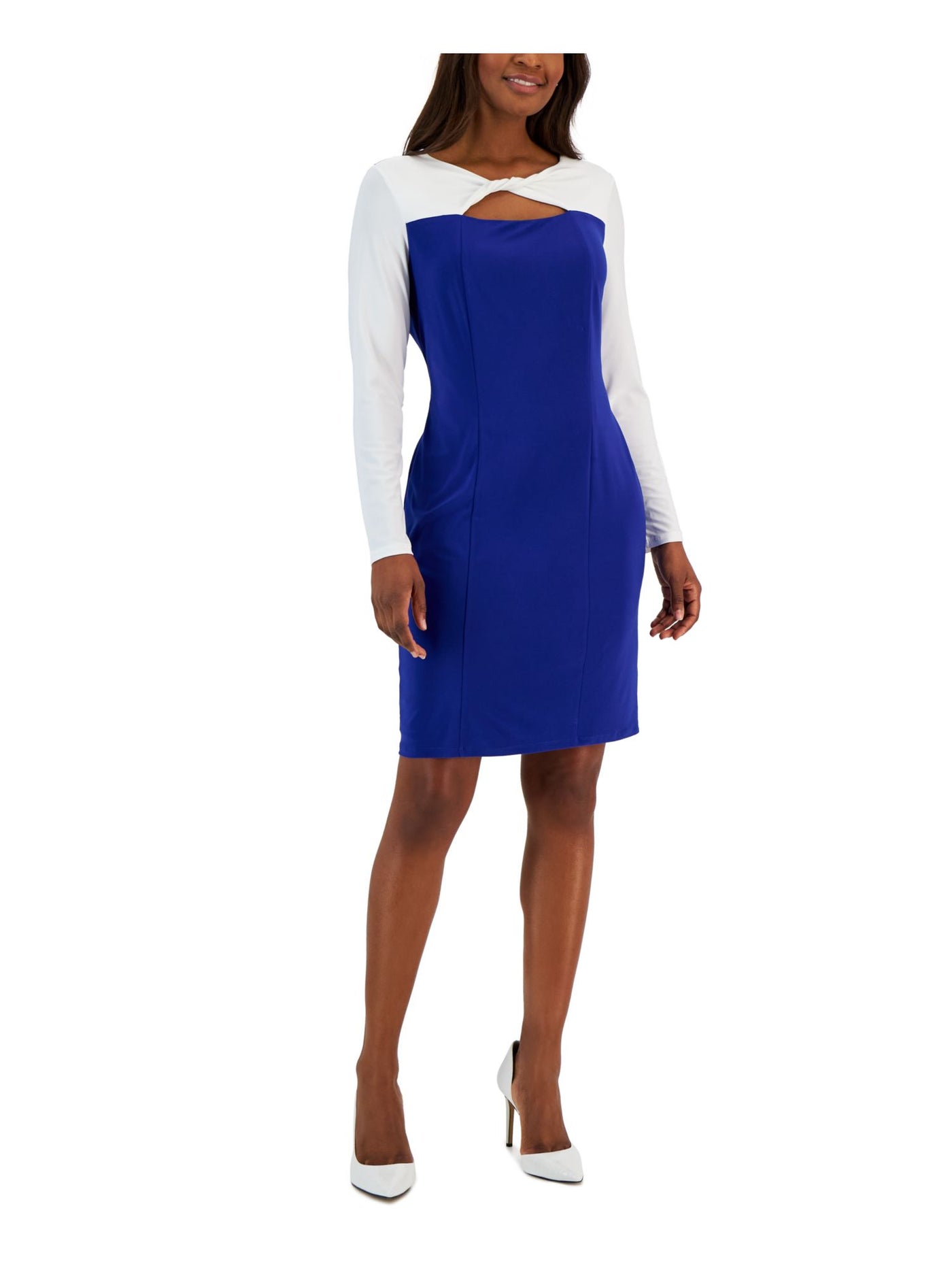 KASPER DRESS Womens Blue Cut Out Lined Knot-neck Pullover Lined Color Block Long Sleeve Short Party Body Con Dress L