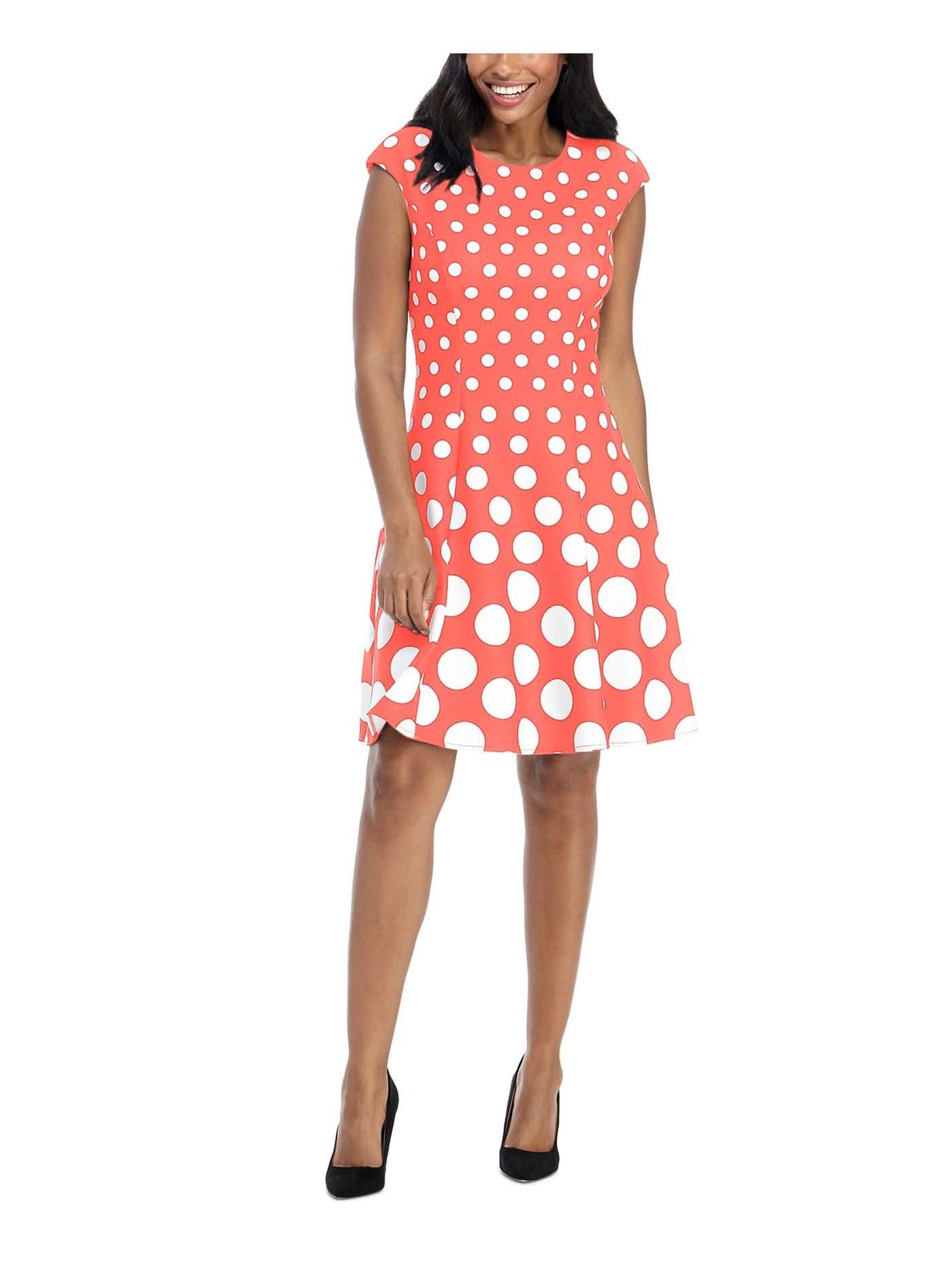 LONDON TIMES Womens Coral Stretch Unlined Zippered Polka Dot Sleeveless Crew Neck Above The Knee Fit + Flare Dress 4