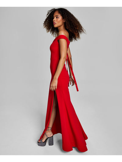 B DARLIN Womens Red Zippered Tie Slitted Lined Short Sleeve Sweetheart Neckline Full-Length Formal Gown Dress Juniors 9\10