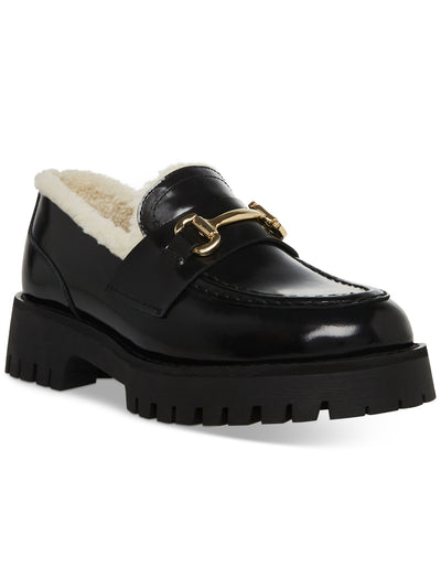 STEVE MADDEN Womens Black 1" Platform Faux-Shearling Trim Metallic Bit Hardware Lando-f Round Toe Block Heel Slip On Loafers Shoes 7.5 M