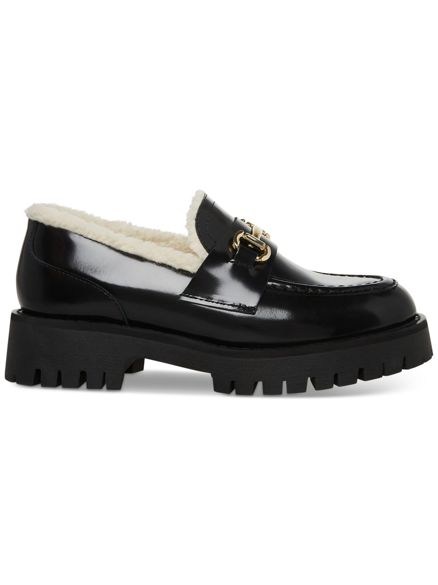 STEVE MADDEN Womens Black 1" Platform Faux-Shearling Trim Metallic Bit Hardware Lando-f Round Toe Block Heel Slip On Loafers Shoes 7.5 M