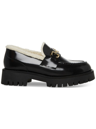 STEVE MADDEN Womens Black 1" Platform Faux-Shearling Trim Metallic Bit Hardware Lando-f Round Toe Block Heel Slip On Loafers Shoes 7.5 M