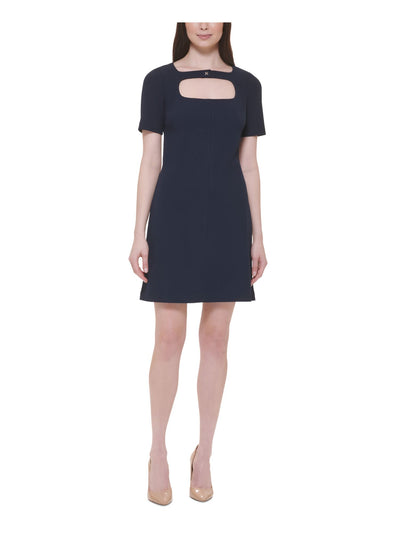 TOMMY HILFIGER Womens Navy Cut Out Zippered Lined Bodice Darted Short Sleeve Square Neck Above The Knee Sheath Dress 8