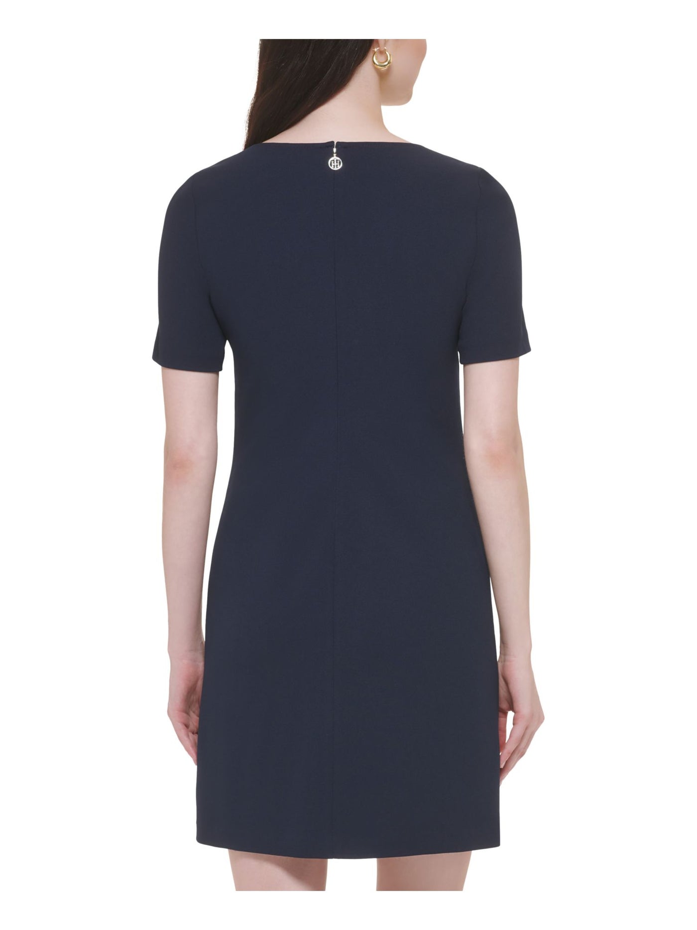 TOMMY HILFIGER Womens Navy Cut Out Zippered Lined Bodice Darted Short Sleeve Square Neck Above The Knee Sheath Dress 8