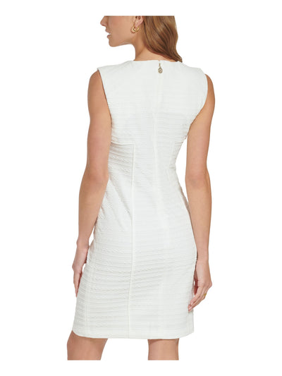 TOMMY HILFIGER Womens White Textured Zippered Button Trim Sleeveless Square Neck Above The Knee Cocktail Sheath Dress 14