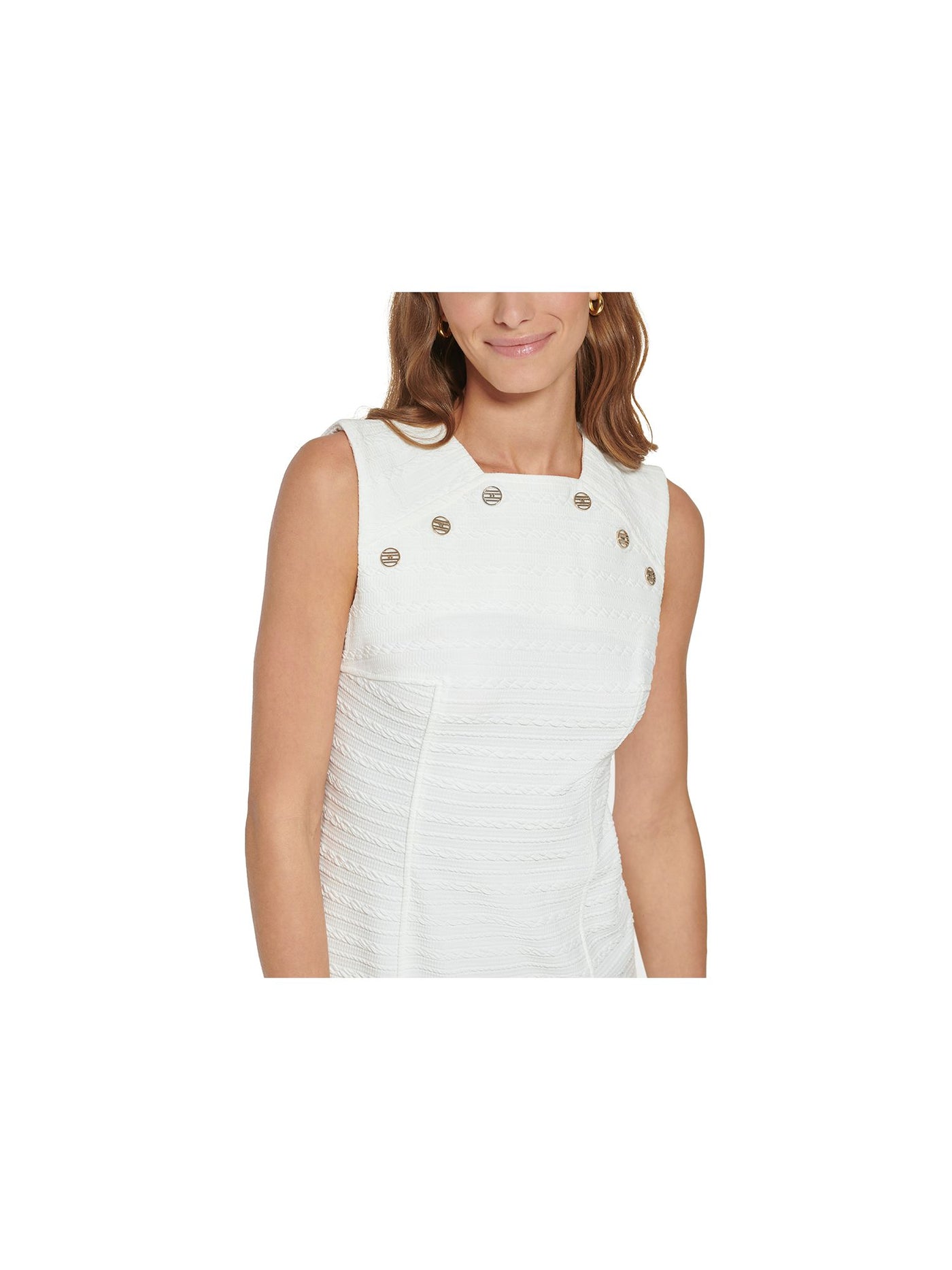 TOMMY HILFIGER Womens White Textured Zippered Button Trim Sleeveless Square Neck Above The Knee Cocktail Sheath Dress 14