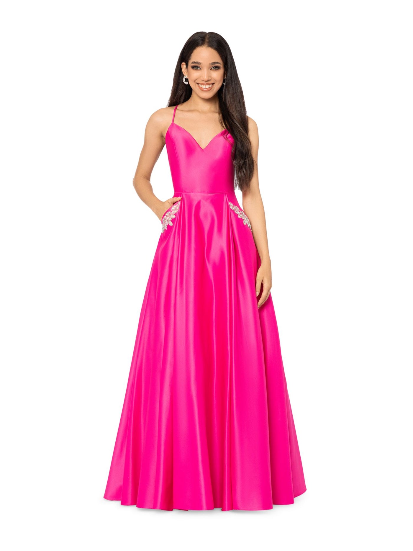 BLONDIE NITES Womens Pink Embellished Zippered Lace Up Back Pocketed Padded Spaghetti Strap Sweetheart Neckline Full-Length Formal Gown Dress Juniors 13