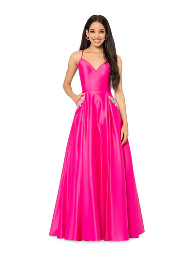 BLONDIE NITES Womens Pink Embellished Zippered Lace Up Back Pocketed Padded Spaghetti Strap Sweetheart Neckline Full-Length Formal Gown Dress Juniors 13