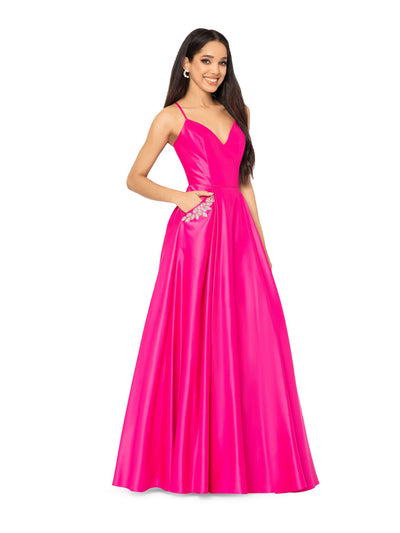 BLONDIE NITES Womens Pink Embellished Zippered Lace Up Back Pocketed Padded Spaghetti Strap Sweetheart Neckline Full-Length Formal Gown Dress Juniors 5