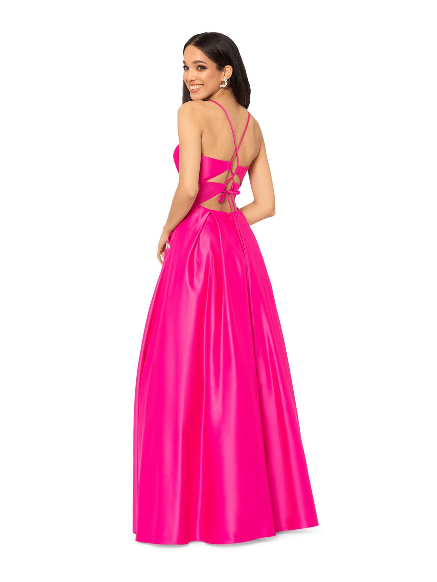 BLONDIE NITES Womens Pink Embellished Zippered Lace Up Back Pocketed Padded Spaghetti Strap Sweetheart Neckline Full-Length Formal Gown Dress 5