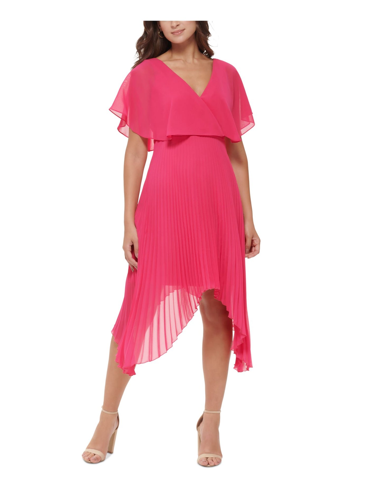 KENSIE DRESSES Womens Pink Pleated Zippered Lined Handkerchief Hem Sheer Flutter Sleeve V Neck Midi Party Fit + Flare Dress 14