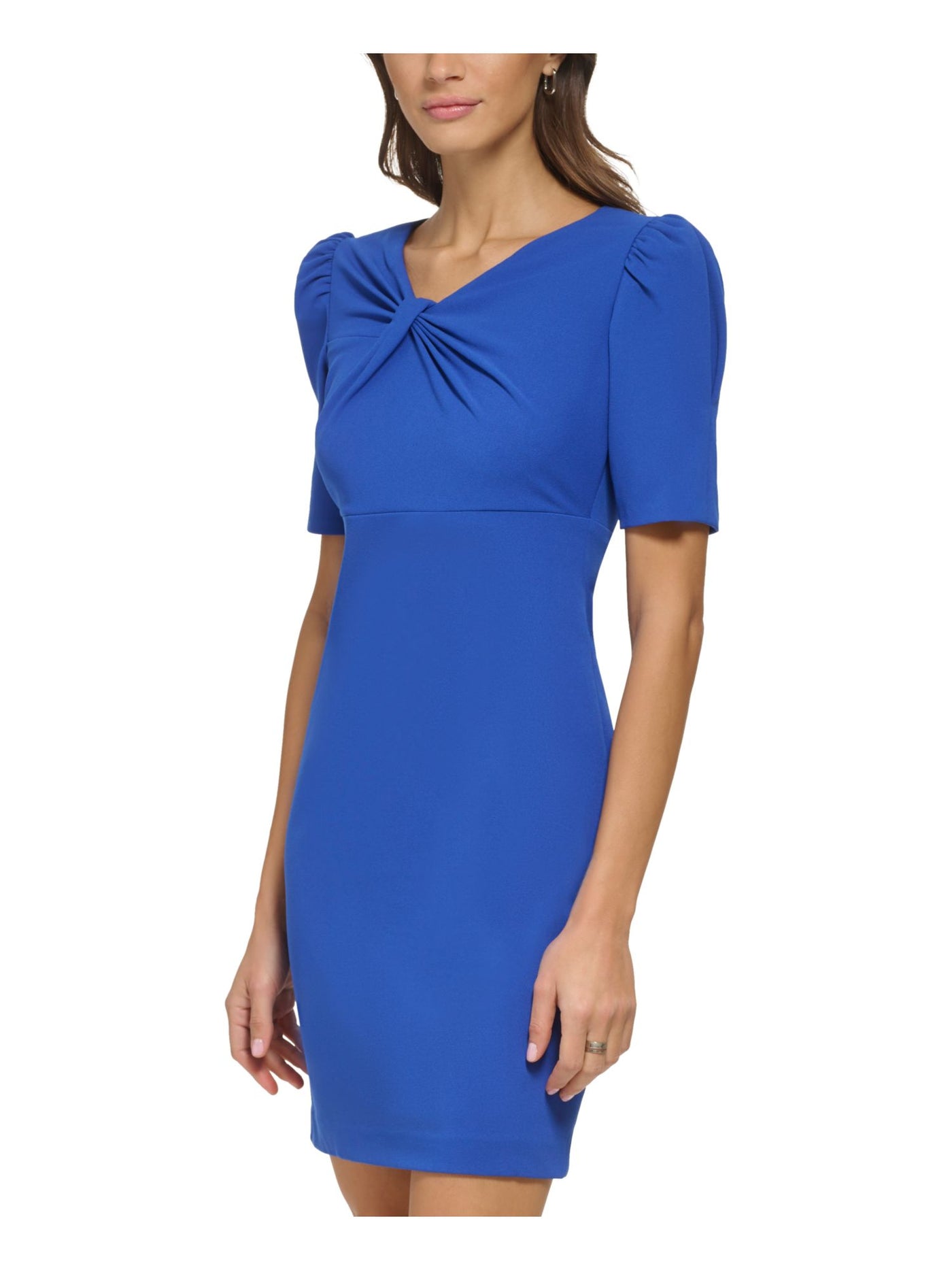 DKNY Womens Blue Unlined Zippered Pouf Sleeve V Neck Above The Knee Wear To Work Sheath Dress Petites 12P