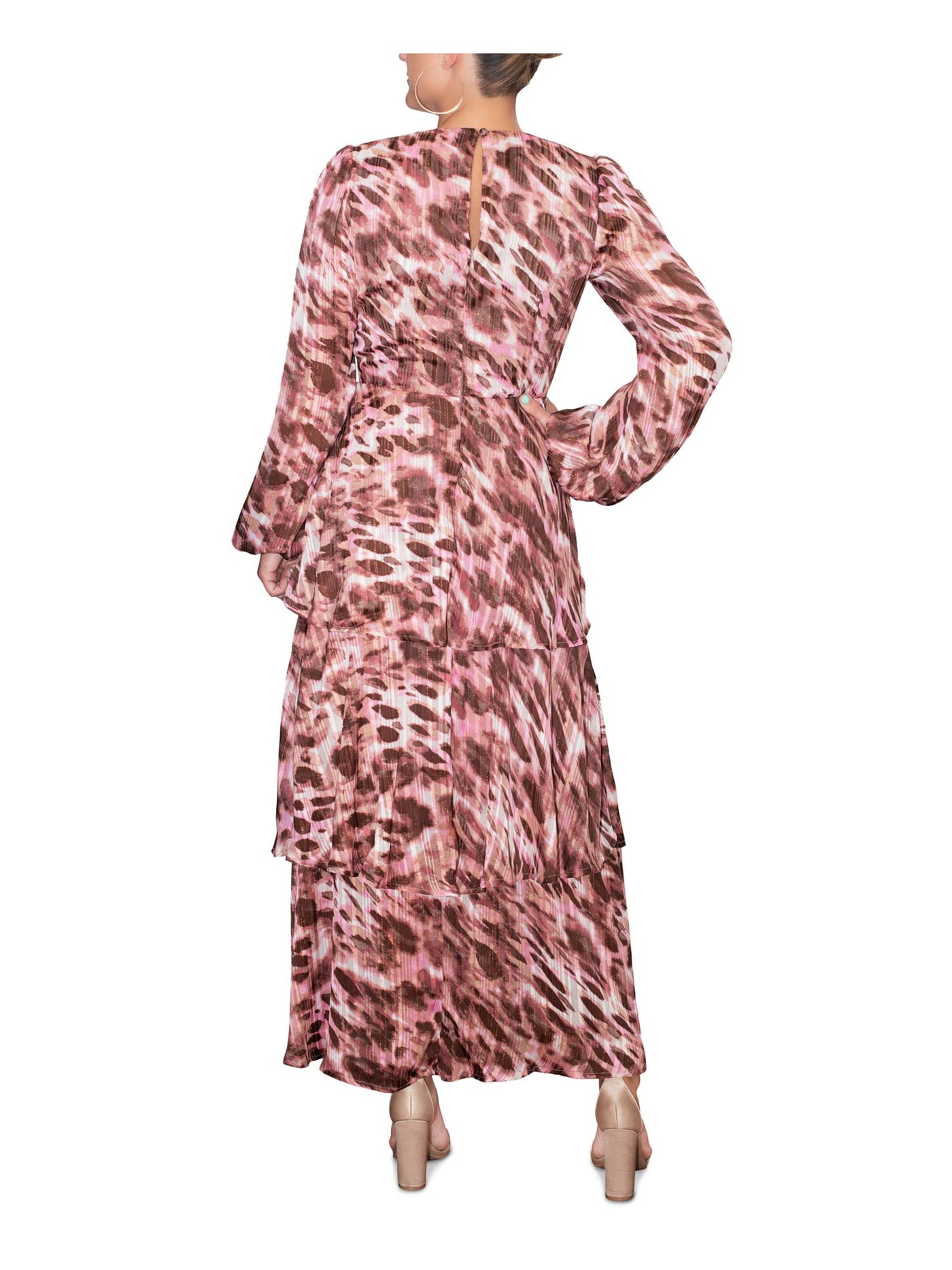 RACHEL RACHEL ROY Womens Pink Zippered Lined Sheer Tiered Ruffled Printed Blouson Sleeve V Neck Maxi Empire Waist Dress 6
