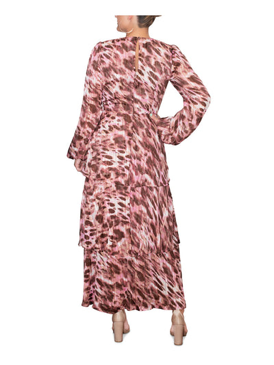 RACHEL RACHEL ROY Womens Pink Zippered Lined Sheer Tiered Ruffled Printed Blouson Sleeve V Neck Maxi Empire Waist Dress 4