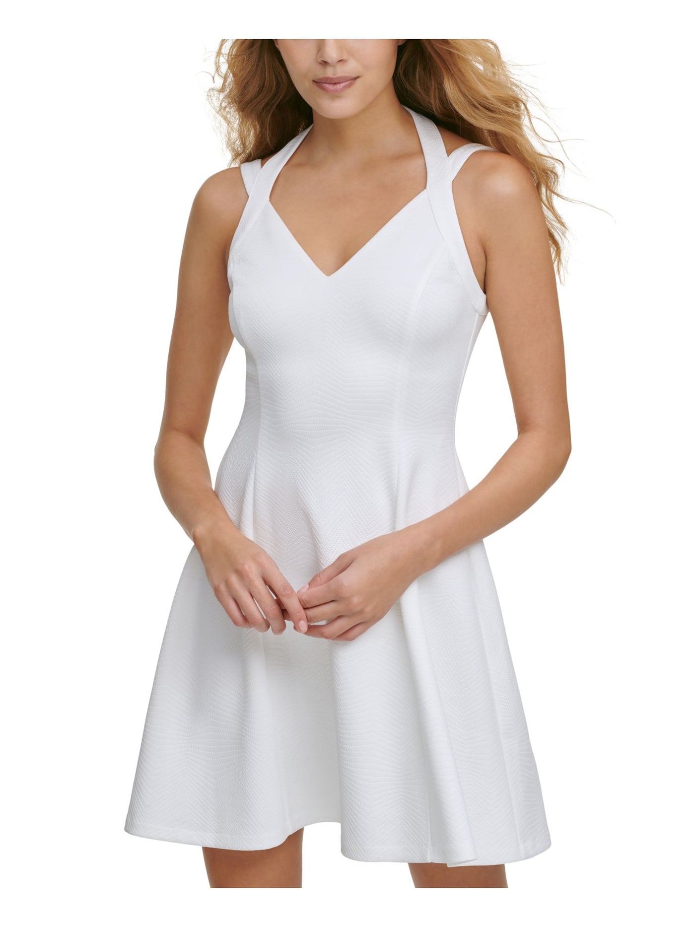 GUESS Womens White Zippered Lined Princess Seam Sleeveless Halter Short Fit + Flare Dress 14