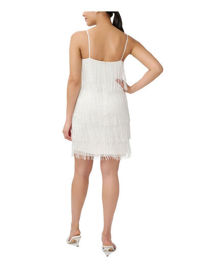 ADRIANNA PAPELL Womens Ivory Zippered Lined Beaded Fringe Spaghetti Strap Square Neck Short Cocktail Shift Dress 6