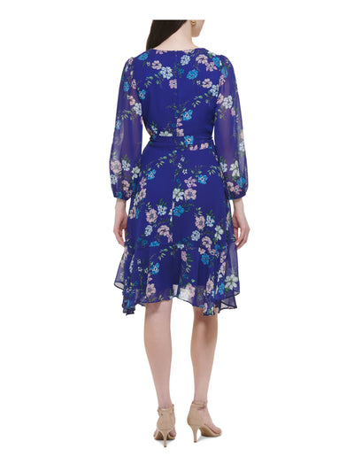 JESSICA HOWARD Womens Blue Tie Lined Hankerchief Hem Zippered Floral Balloon Sleeve Surplice Neckline Knee Length Fit + Flare Dress Petites 8P