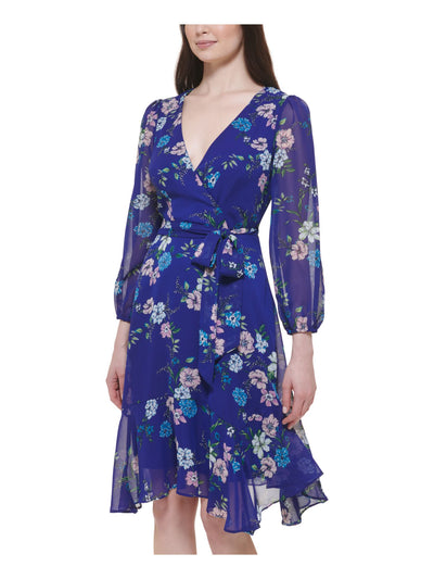 JESSICA HOWARD Womens Blue Tie Lined Hankerchief Hem Zippered Floral Balloon Sleeve Surplice Neckline Knee Length Fit + Flare Dress Petites 8P