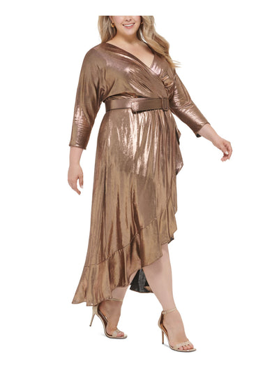 ELIZA J Womens Gold Ruffled Belted Lined Zippered 3/4 Sleeve Surplice Neckline Tea-Length Cocktail Faux Wrap Dress Plus 18W