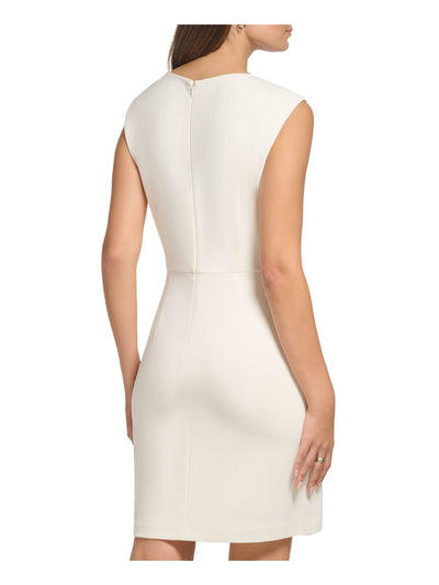 DKNY Womens Ivory Zippered Pleated Lined O-ring Detail Sleeveless Round Neck Above The Knee Wear To Work Faux Wrap Dress 16