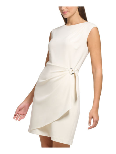 DKNY Womens Ivory Zippered Pleated Lined O-ring Detail Sleeveless Round Neck Above The Knee Wear To Work Faux Wrap Dress 12