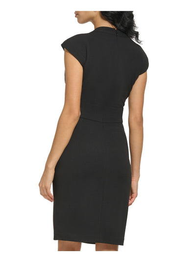 DKNY Womens Black Zippered Lined Bodice Pleated Cap Sleeve V Neck Knee Length Wear To Work Sheath Dress 4