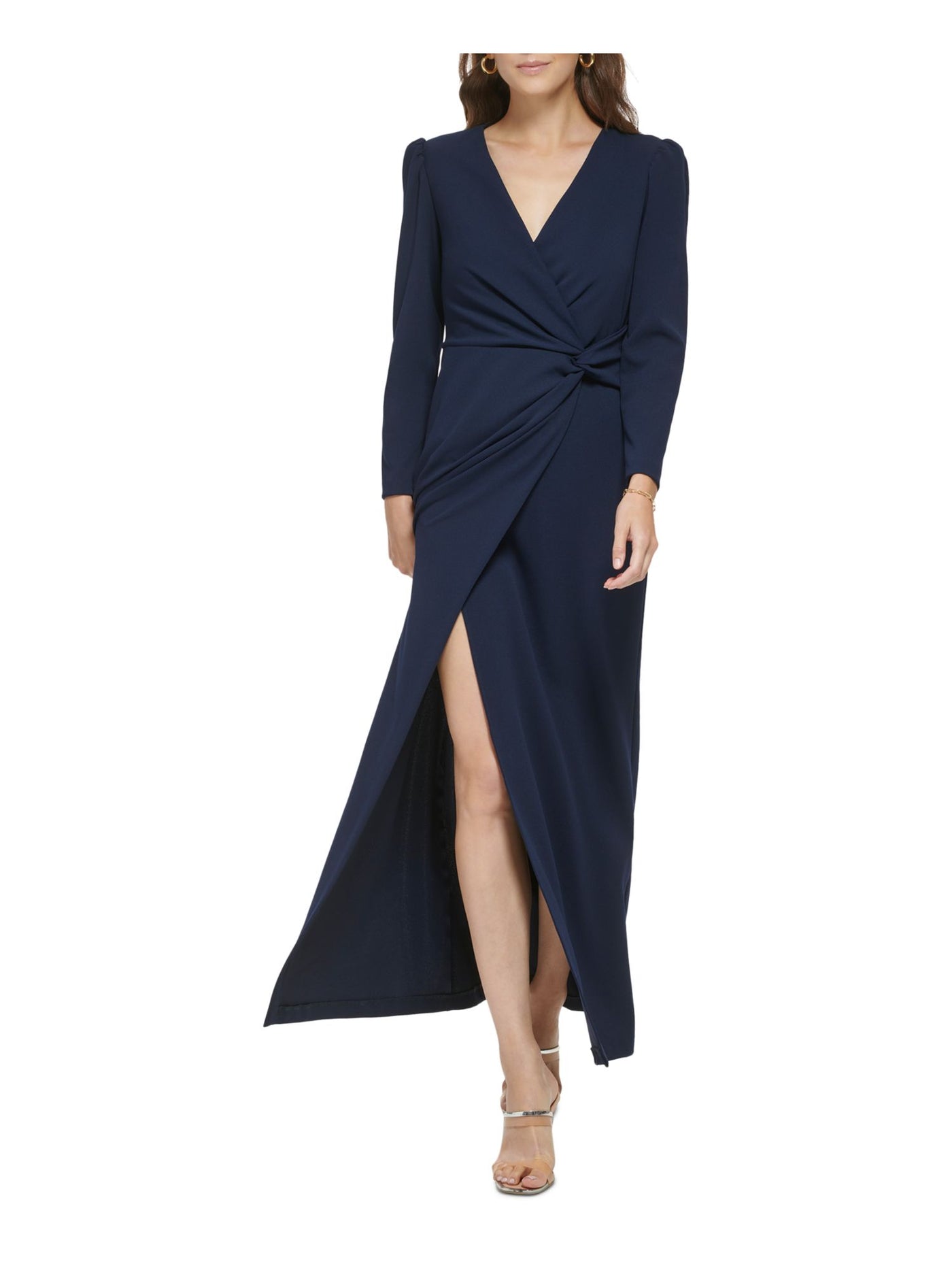 DKNY Womens Navy Twist Front Zippered Long Sleeve Surplice Neckline Maxi Evening Faux Wrap Dress 8