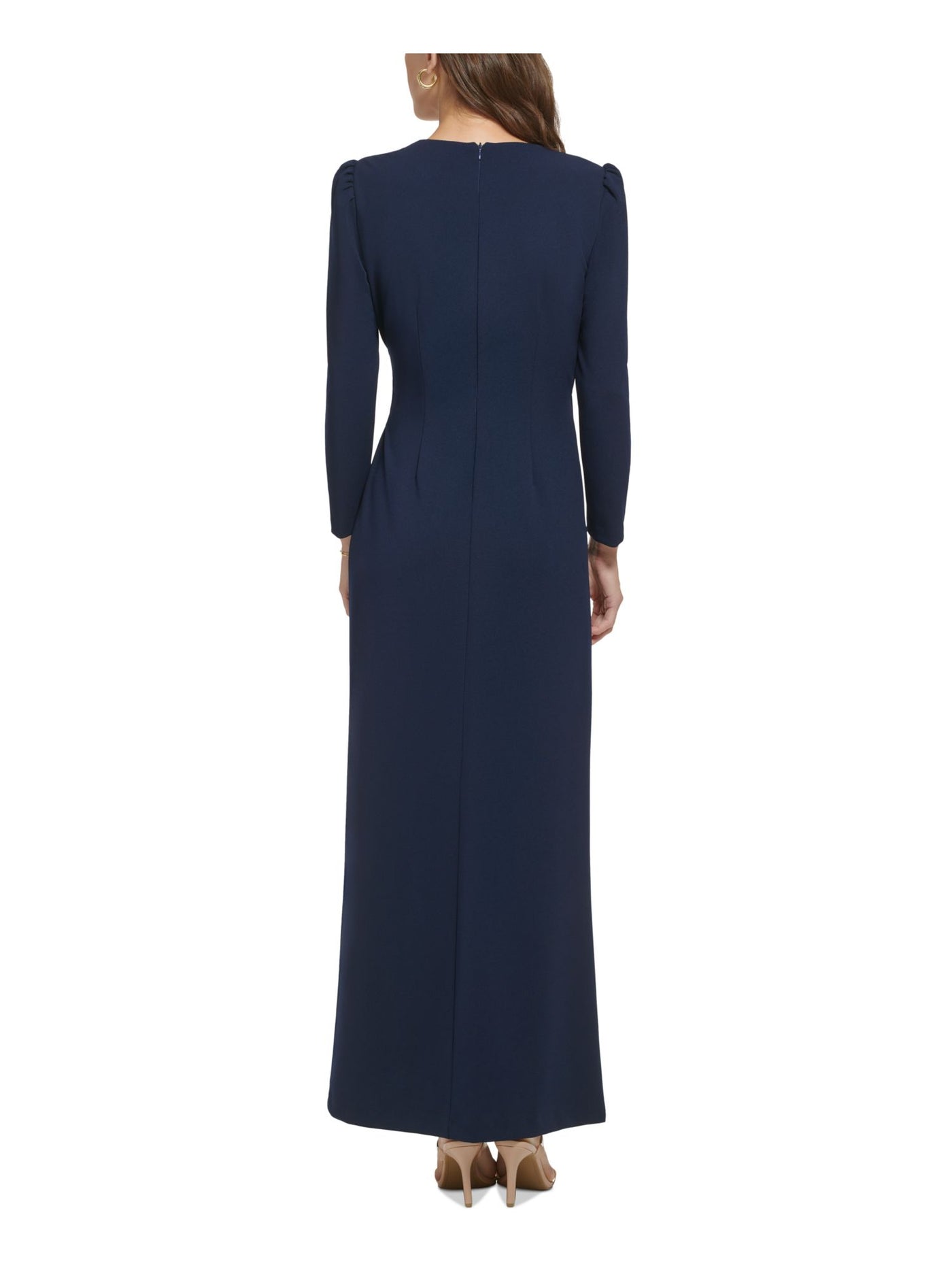 DKNY Womens Navy Twist Front Zippered Long Sleeve Surplice Neckline Maxi Evening Faux Wrap Dress 8