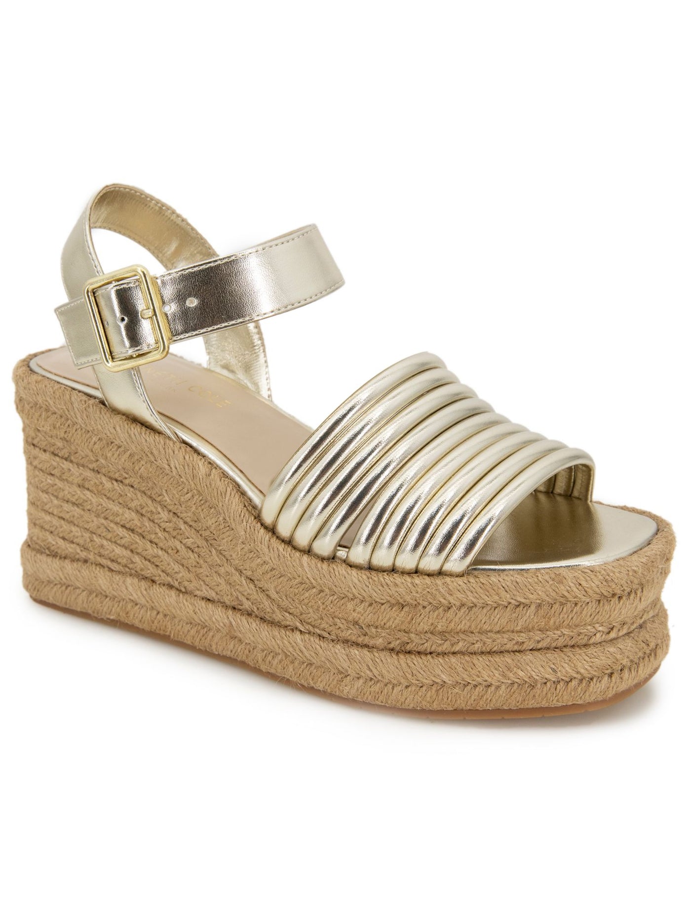 KENNETH COLE NEW YORK Womens Gold 2 Wedge Adjustable Ankle Strap Strappy Padded Shelby Open Toe Wedge Buckle Espadrille Shoes 7 M
