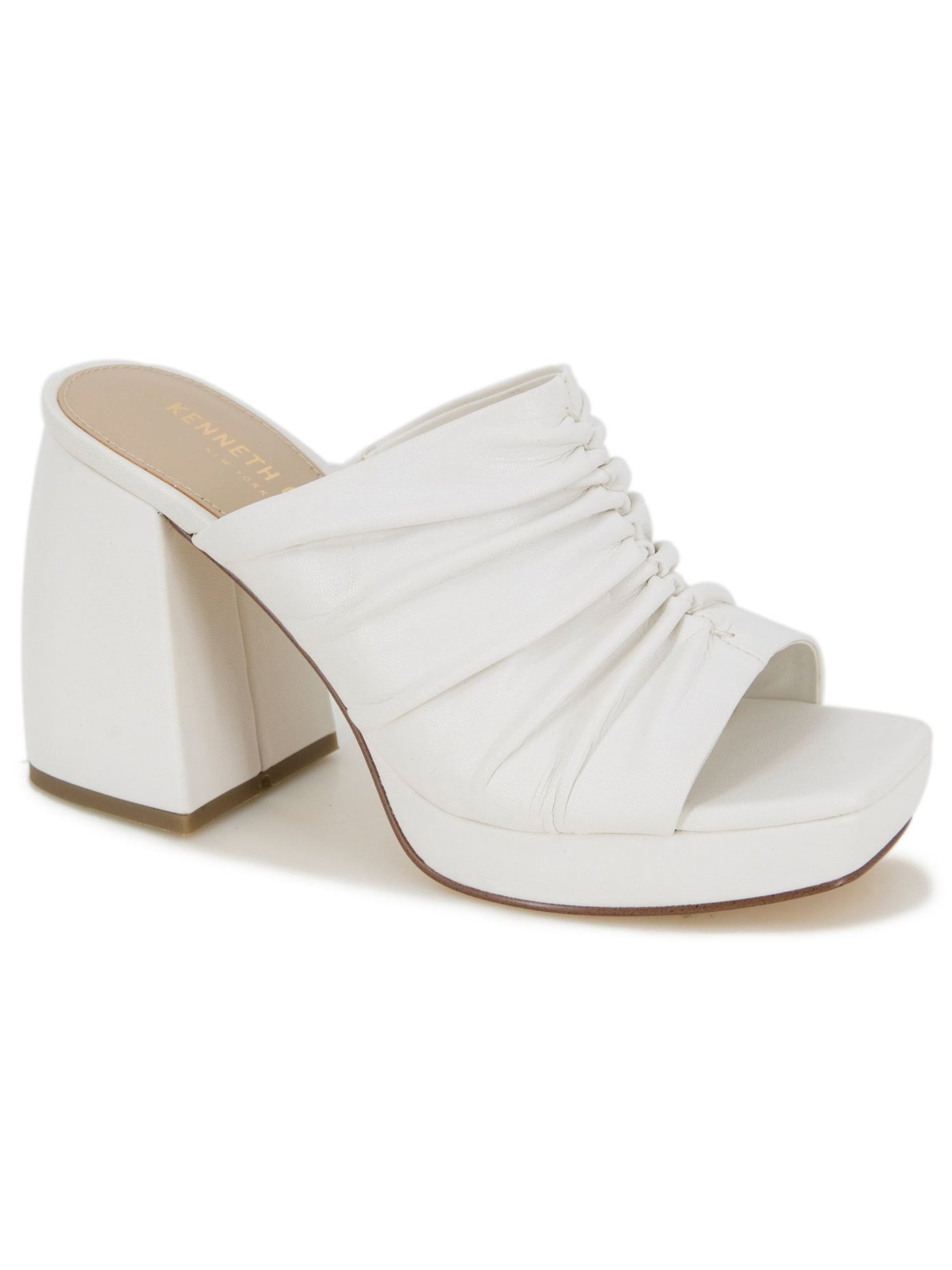 KENNETH COLE NEW YORK Womens White 1" Platform Ruched Padded Anika Open Toe Sculpted Heel Slip On Heeled Mules Shoes 5