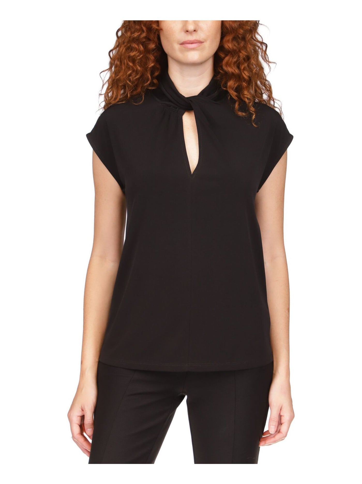 MICHAEL MICHAEL KORS Womens Black Cut Out Zippered Twisted Neck Ruched Cap Sleeve Top Petites P\S