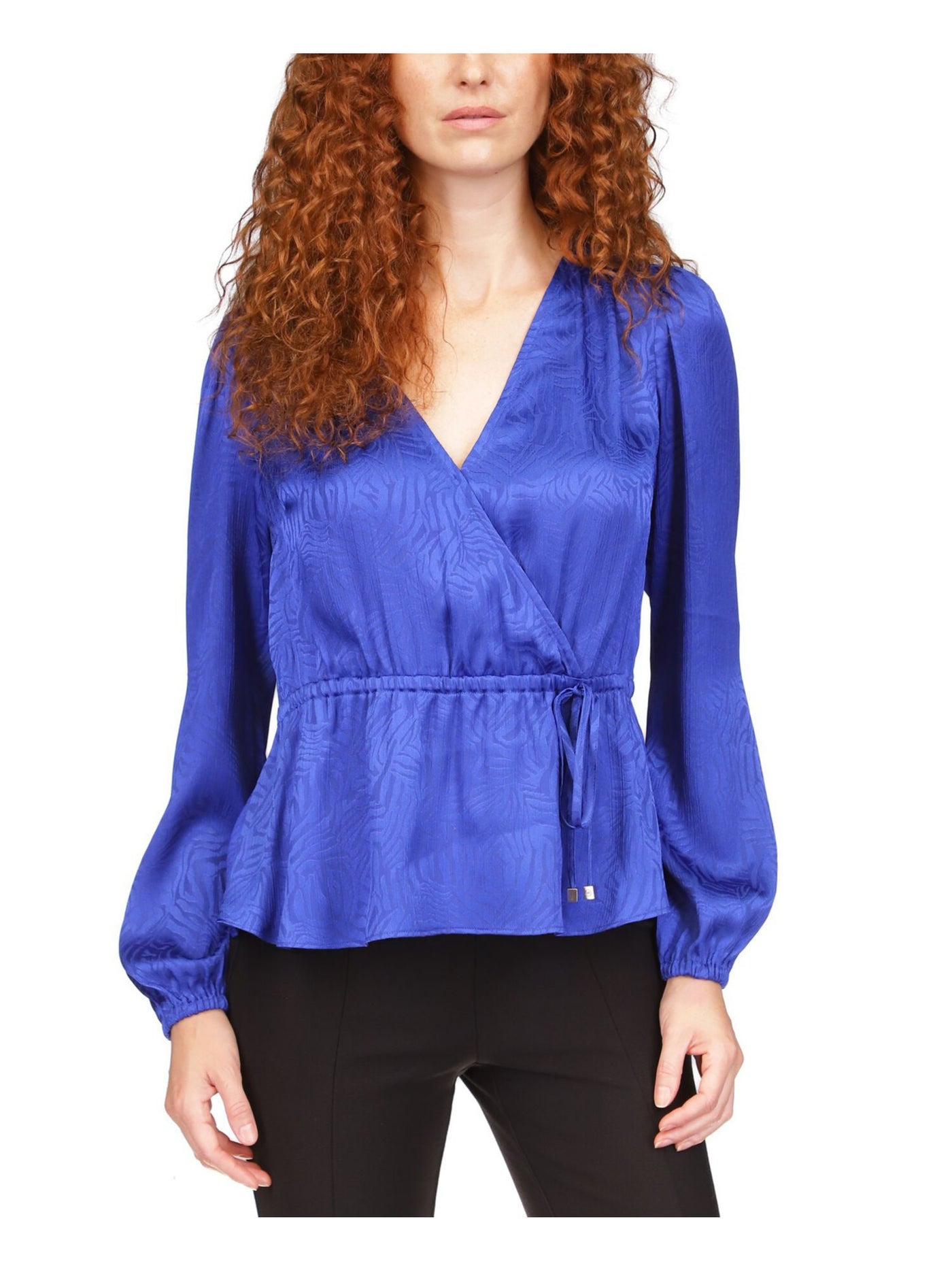 MICHAEL MICHAEL KORS Womens Blue Darted Long Sleeve Surplice Neckline Peplum Top Petites PXS