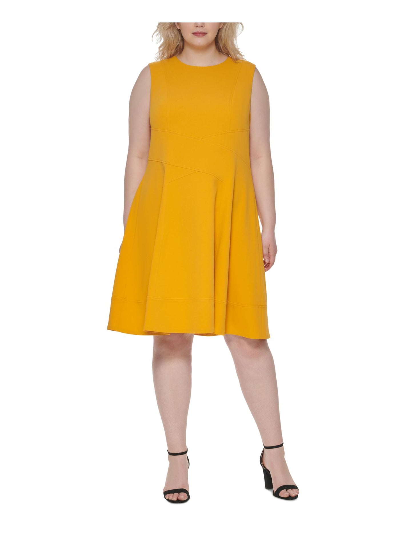 TOMMY HILFIGER Womens Yellow Zippered Unlined Seam Details Sleeveless Crew Neck Below The Knee Fit + Flare Dress Plus 16W