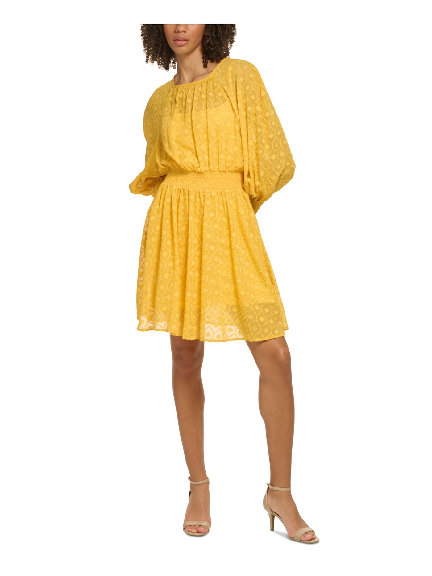 TOMMY HILFIGER Womens Gold Textured Smocked Keyhole Back Lined Long Sleeve Square Neck Short Blouson Dress 4