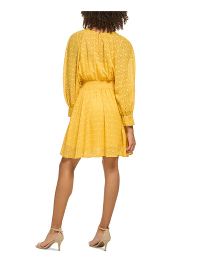TOMMY HILFIGER Womens Yellow Textured Smocked Keyhole Back Lined Long Sleeve Square Neck Short Blouson Dress 6