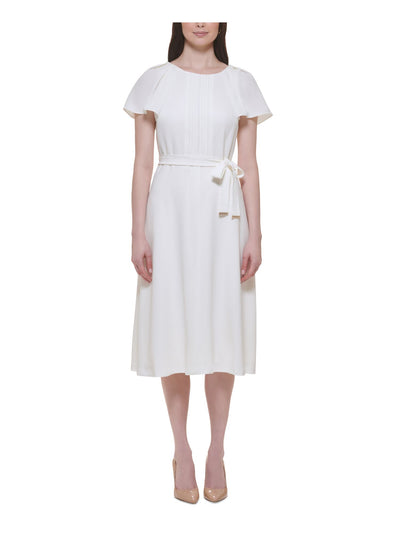 TOMMY HILFIGER Womens Ivory Zippered Pleated Self-tie Belt Lined Flutter Sleeve Round Neck Midi Wear To Work Fit + Flare Dress 14