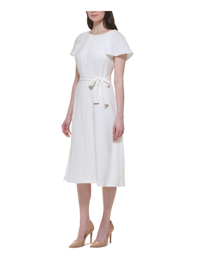 TOMMY HILFIGER Womens Ivory Zippered Pleated Self-tie Belt Lined Flutter Sleeve Round Neck Midi Wear To Work Fit + Flare Dress 14