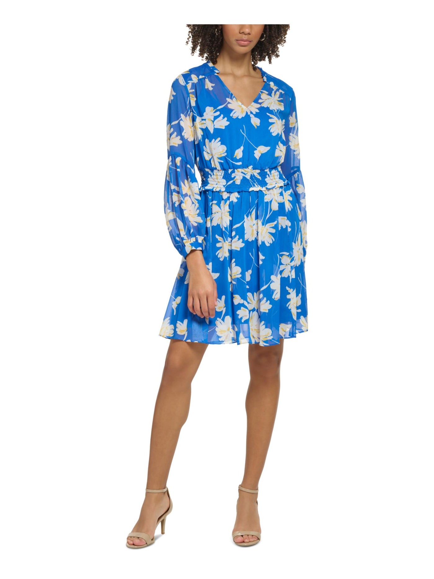 TOMMY HILFIGER Womens Blue Ruffled Smocked Lined Pullover Floral Long Sleeve V Neck Above The Knee Fit + Flare Dress 10
