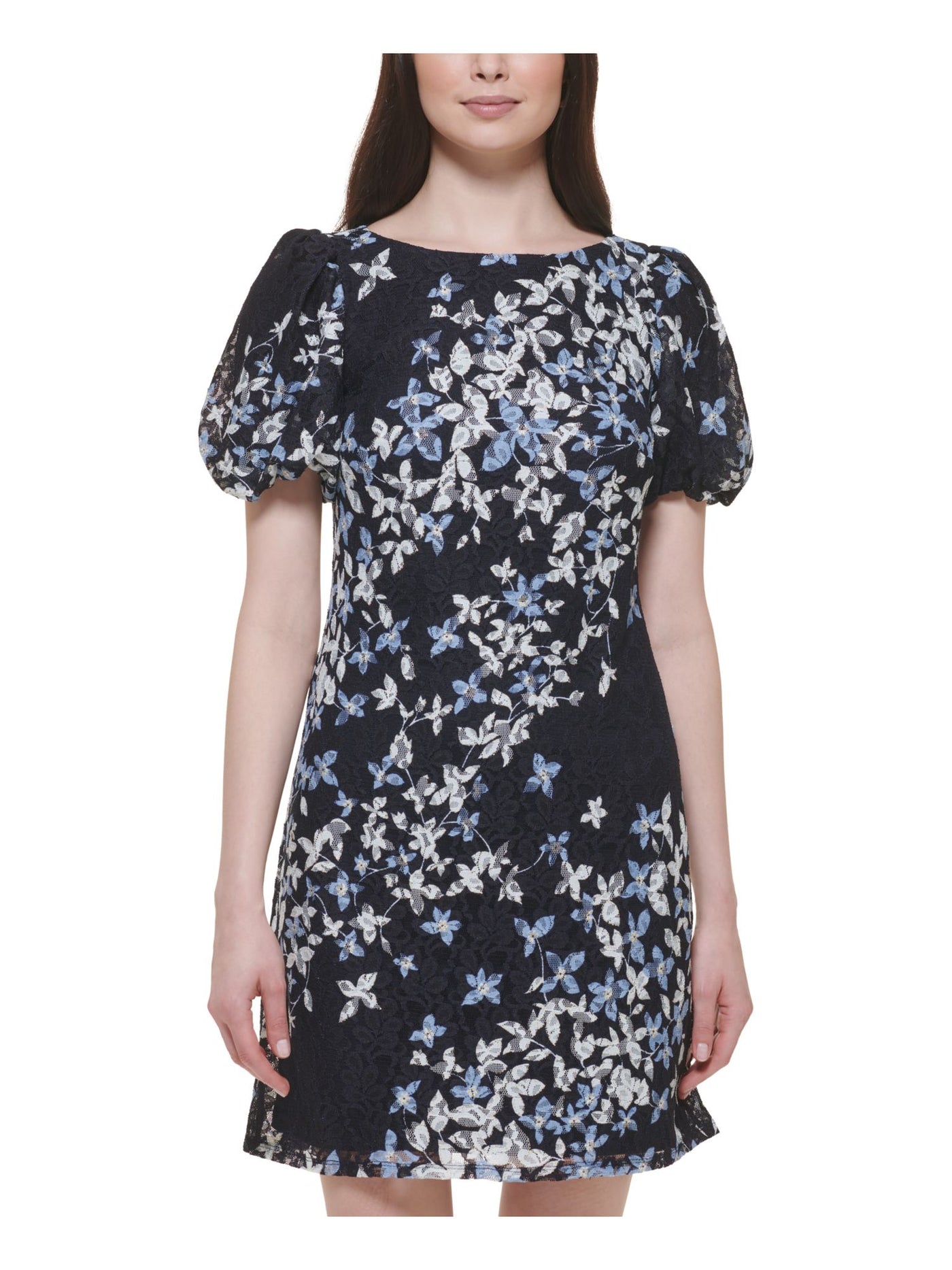 JESSICA HOWARD Womens Navy Zippered Lined Floral Pouf Sleeve Boat Neck Short Party Sheath Dress 8