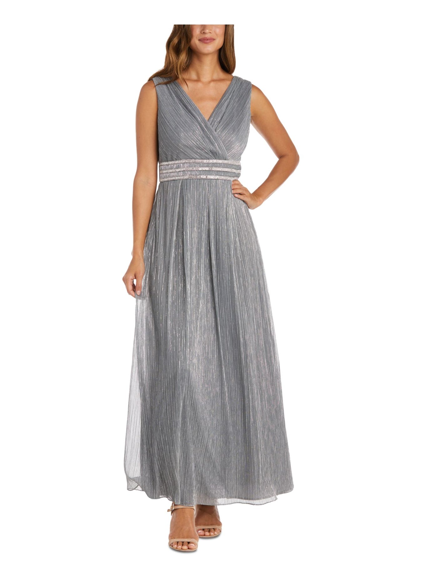 R&M RICHARDS Womens Silver Metallic Zippered Sleeveless Surplice Neckline Tea-Length Formal Gown Dress 8