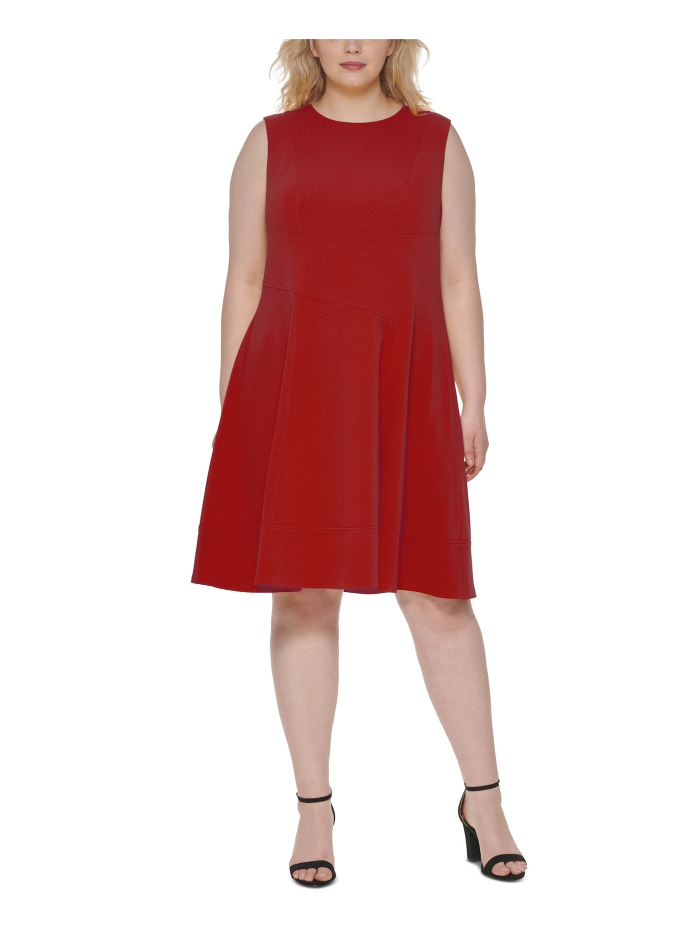 TOMMY HILFIGER Womens Red Zippered Unlined Sleeveless Crew Neck Knee Length Wear To Work Fit + Flare Dress Plus 20W