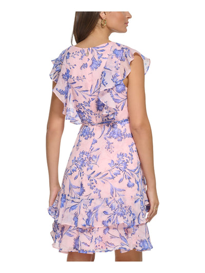 TOMMY HILFIGER Womens Pink Zippered Ruffled Tie-belt Tiered Hem Lined Floral Flutter Sleeve V Neck Above The Knee Wear To Work Fit + Flare Dress Petites 0P