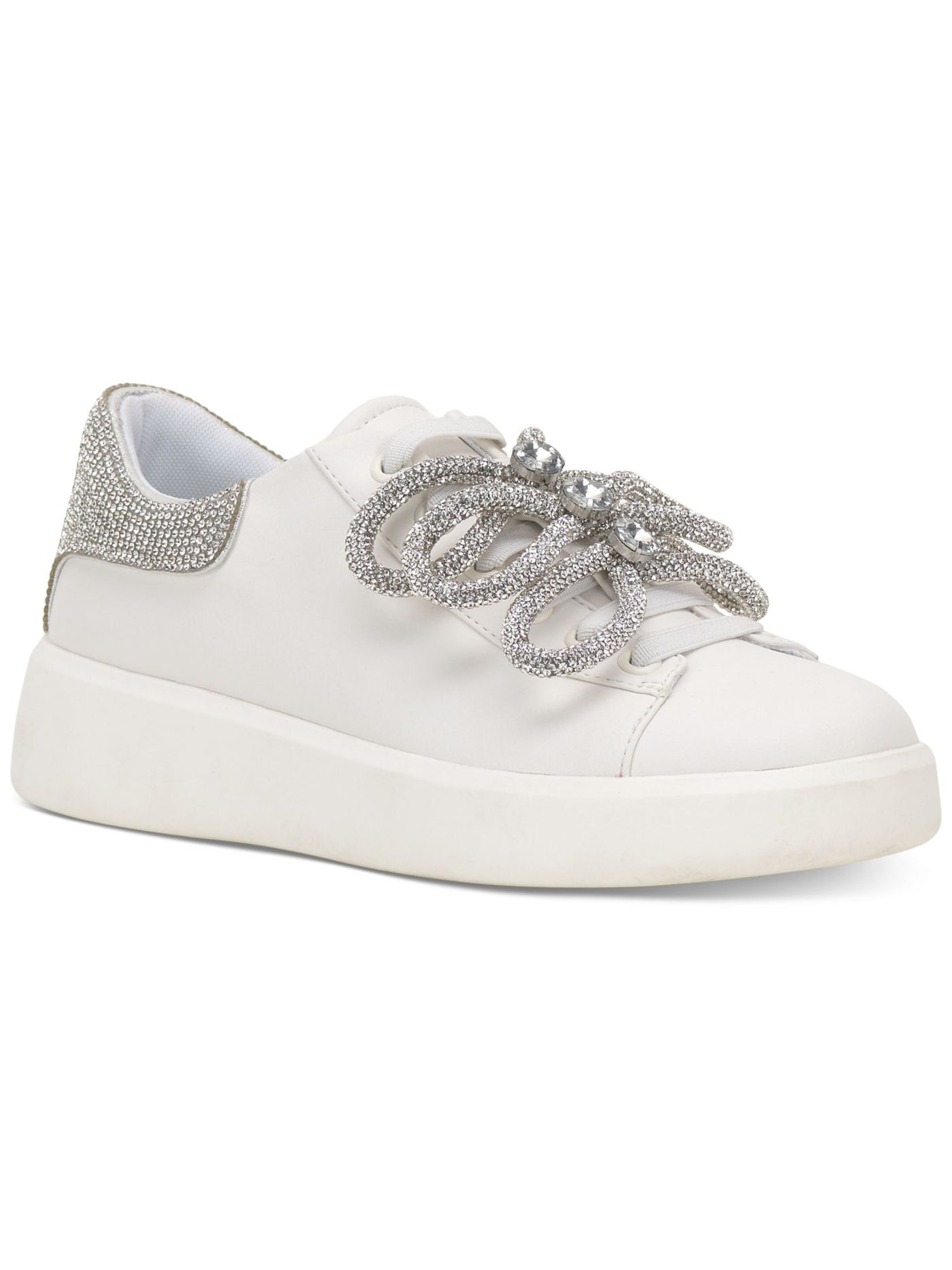 INC Womens White Mixed Media Embellished Bow Accent Padded Collar Rhinestone Alleni Round Toe Wedge Slip On Sneakers Shoes 7.5 M