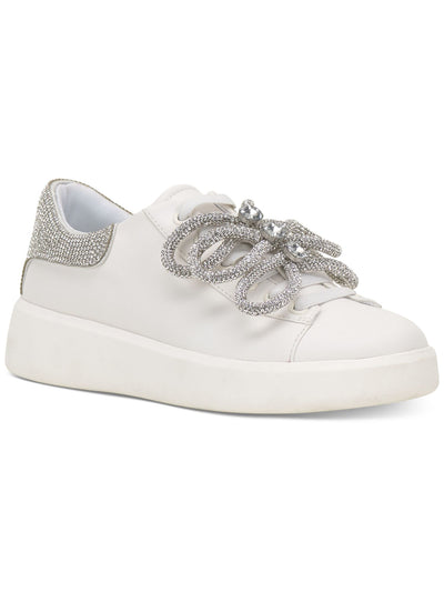 INC Womens White Mixed Media Embellished Bow Accent Padded Collar Rhinestone Alleni Round Toe Wedge Slip On Sneakers Shoes 7.5 M