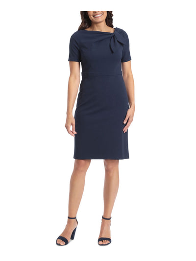 LONDON TIMES PETITES Womens Navy Zippered Short Sleeve Tie Neck Above The Knee Wear To Work Sheath Dress Petites 10P