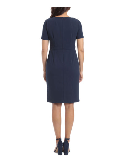 LONDON TIMES PETITES Womens Navy Zippered Short Sleeve Tie Neck Above The Knee Wear To Work Sheath Dress Petites 10P